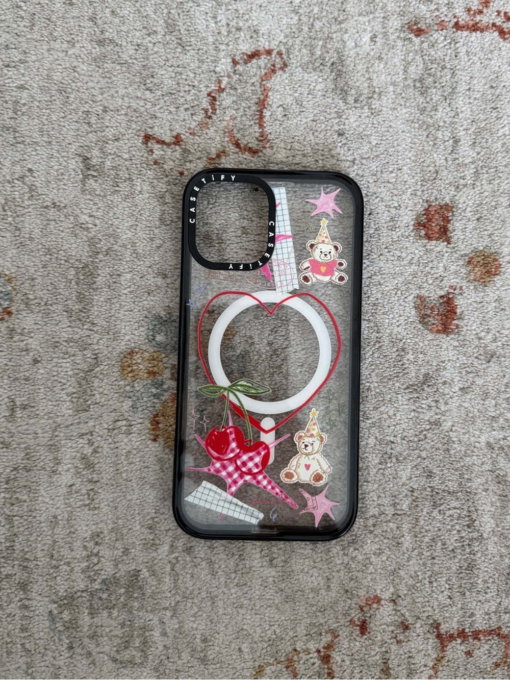 Casetify Black Clear Phone Case with Pink Cherries & Teddy Stickers